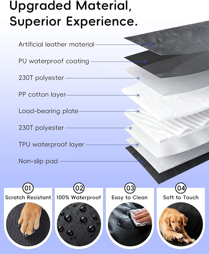 2-In-1 Convertible Hard Bottom Dog Hammock for Car, 100% Waterproof PU Leather Backseat Cover with Zipper Side Flaps, Non-Slip Extender for Large/Elderly Dogs & Multi-Dog Families,Fits SUV/Truck/Sedan