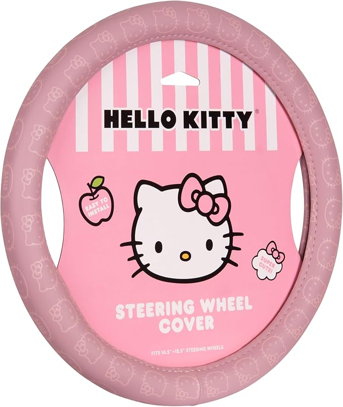 Sanrio Hello Kitty Pink Car Steering Wheel Cover, Universal Fit Cute Car Accessories for Women Stylish Decor Gifts Hello Kitty Accessories - Fits Standard Wheels 14.5"-15"