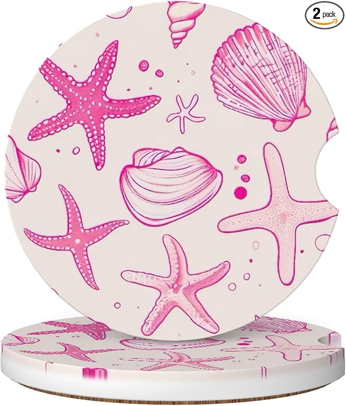 Absorbent Car Coasters for Cup Holders, 2 Pack Universal Anti Slip Ceramic Cup Coaster for Women Men 2.56 Inch Car Interior Accessories - Pink Sea Shell 014