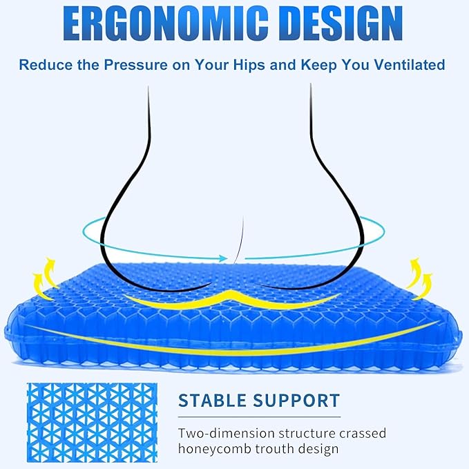 Gel Seat Cushion - Enhanced Double Thick Egg Seat Cushion with Non-Slip Cover - Office Chair Car Seat Cushion - Sciatica & Back Pain Relief - Perfect for Office Chair Car Wheelchair Travel