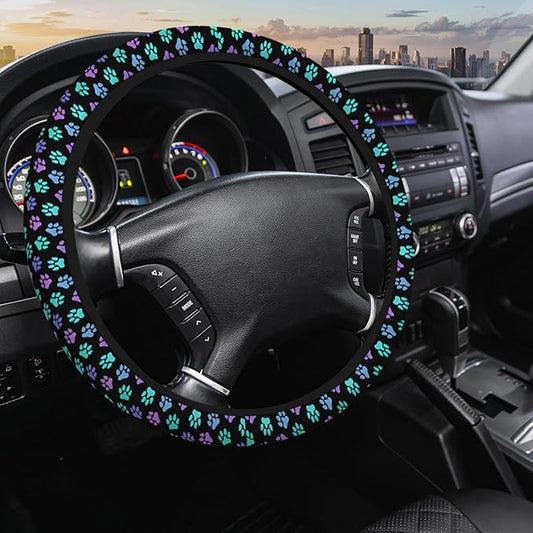 Paw Steering Wheel Cover Women Men Rainbow Dog Cat Footprint Kitten Paw Toe Car Accessories for Women Men 15 Inch Steering Wheel Covers Universal Steering Wheel Cover for Truck Auto Suvs