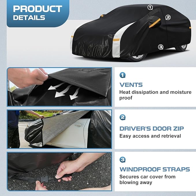 10 Layers Car Cover for Automobiles Waterproof All Weather, Full Exterior Cover with Repair Patches, Winter Rain Sun UV Protection, Fits Porsche 911, Chevy Corvette etc.
