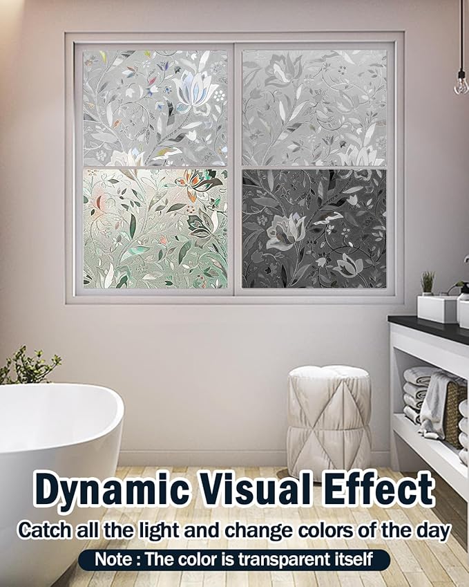 Frosted Tulip Patterned Window Privacy Film with Installation Tools, Stained Glass Decorative Film, Removable, Peep-Proof, Static Cling (23.6 x 78.7 Inch)