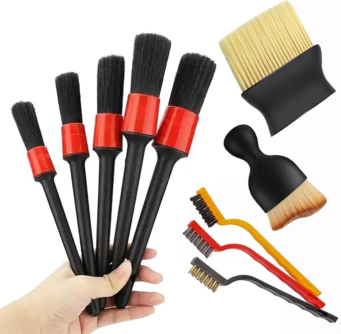 10pcs Auto Car Detailing Brush Set,Car Interior Cleaning Kit,Including 5pcs Car Detailing Brushes, 3pcs Wire Brush and 2pcs Different Soft Bristle dusting Brush for car Interior.