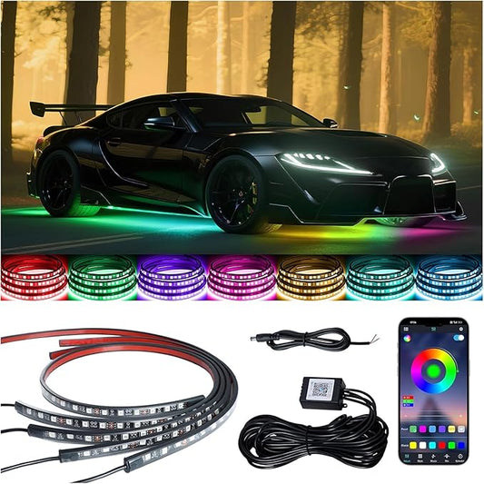 Underglow LED Lights for Cars - 4PCS RGB Neon Light Kit with 252 LEDs, Bluetooth APP Control, 8 Colors/Music Sync, Waterproof PVC Strips for Cars, Trucks, SUVs