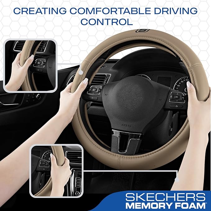 Skechers Memory Foam Steering Wheel Cover,Grade Protein Leather Steering Wheel Cover,Universal Fit 14" 1/2-15" Car Steering Wheel for Men Women Fit Suvs,Vans,Sedans,Car,Trucks,Beige