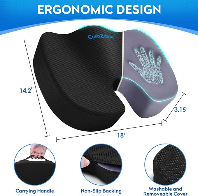 Seat Cushion, Memory Foam Cushion for Office Chair, Car Seat, Airplane, Chair Pad for Postpartum Pregnancy, Sciatica Tailbone Back Pain Relief for Long Sitting Workers, Car Drivers, Black