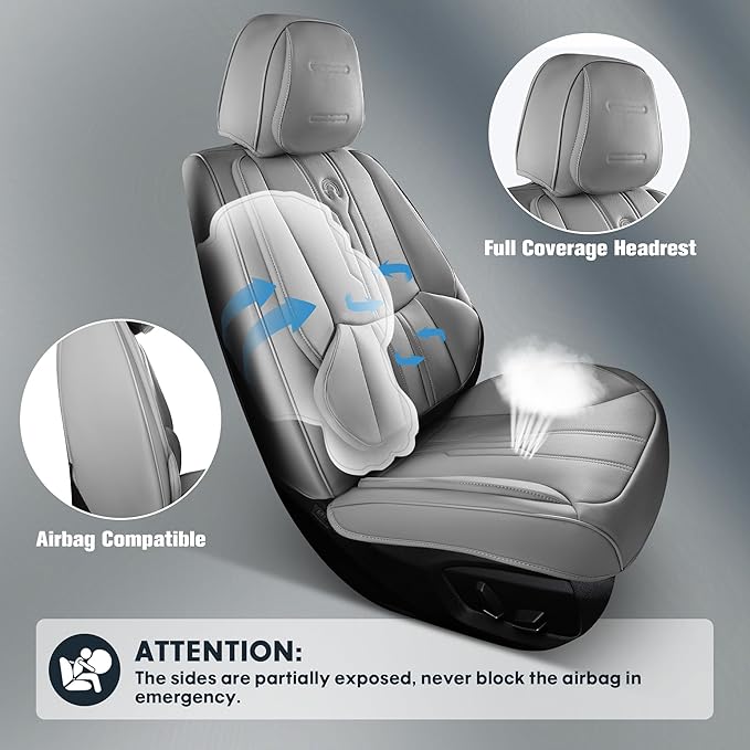 AOOG Seat Covers Custom Fit for Dodge Ram 1500/2500/3500 2002-2025 Faux Leather Seat Cover Set Compatible with Crew, Regular, Quad, Mega Cab, Waterproof Car Truck Cushions (Grey, Flat, Full Set)