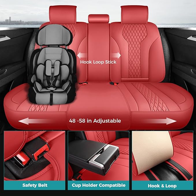 Leather Car Seat Covers - Breathable Faux Leather Seat Covers Full Set for Cars SUV Sedan - Waterproof - RED