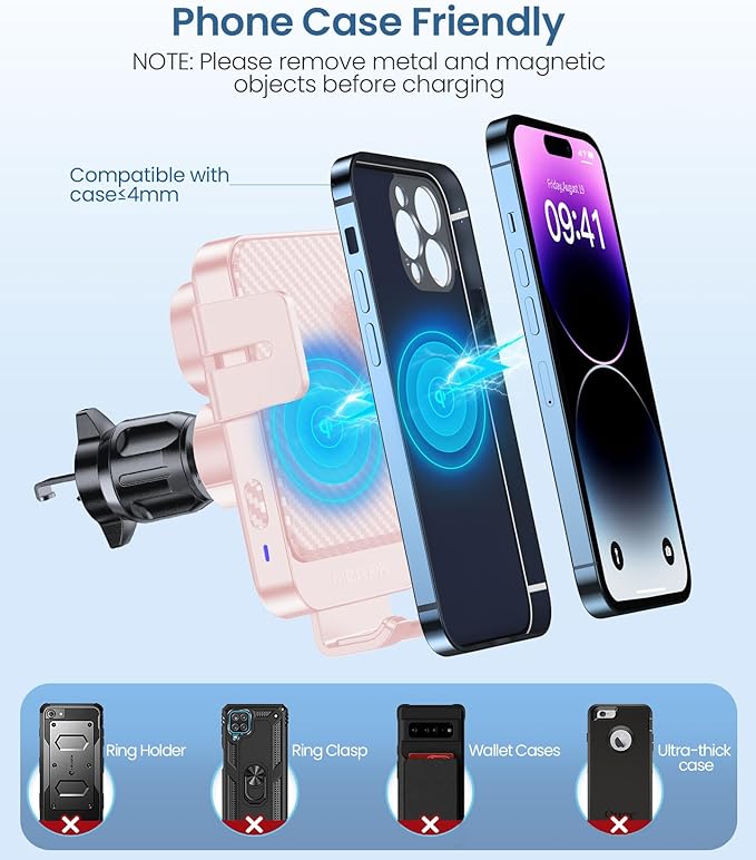 Wireless Car Charger, MOKPR 15W Fast Charging Auto-Clamping Car Mount Hands-Free Car Charger Mount for Dash Windshield Air Vent Compatible with iPhone 16 15/14/13/12, Samsung S23/S22/S21 Pink