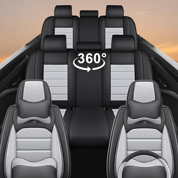 Seat Covers Fit for Acura MDX 2001-2025, 7 Seat, Compatible Airbag Non-Slip Waterproof Leather Seat Cover, Luxury Interior Full Set with Pillow Steering Wheel Covers, Black Gray