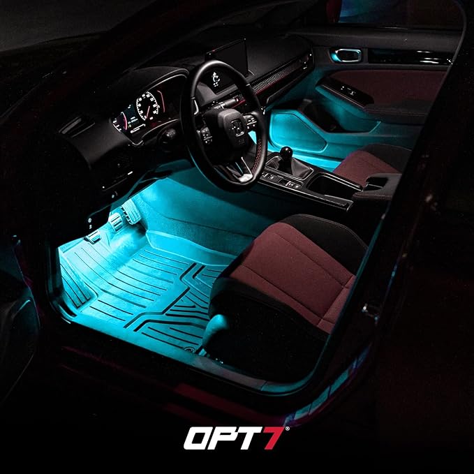 OPT7 Aura Double Row Car LED Lights Interior with Wireless Remote Control, Multicolor Mode, Sound Active Function Inside Ambient Lighting Kit, Footwell Floor Decor, Charger Adapter 12V, 4pc