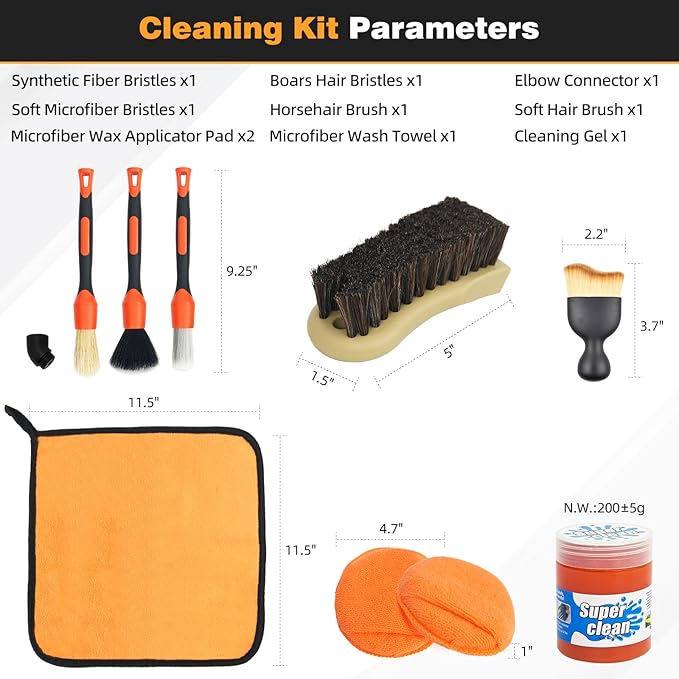 10PCS Car Detailing Brush Set Bristle Horse Hair Boars Brush with Elbow Adapter, Microfiber Wax Applicator Pads, Drying Towel and Cleaning Gel, Cleaning Kit for Car Interior & Exterior
