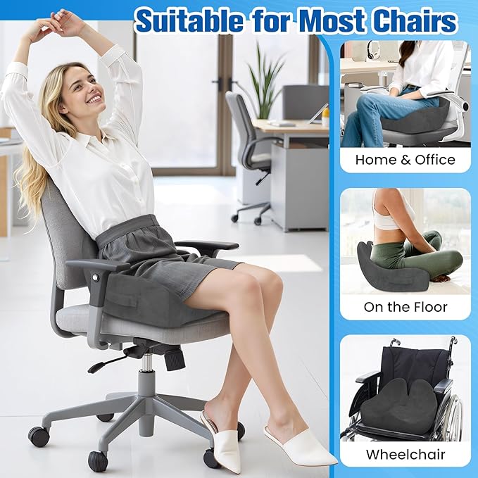 Seat Cushion, Chair Cushions for Office Chairs/Desk Seats/Wheelchair - Hip&Sciatica&Tailbone Pain Relief Memory Foam Office Chair Cushion for Long Sitting Office Workers, Grey