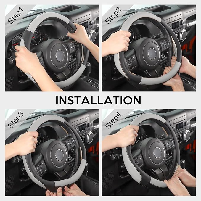 SEG Direct Car Steering Wheel Cover Large Size for F150 F250 F350 Ram 4Runner Tacoma Tundra Range Rover with 15 1/2 inches-16 inches Outer Diameter, Black and Gray Microfiber Leather