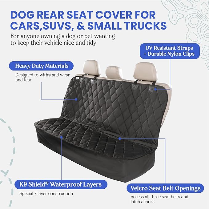 4Knines Back Seat Pet Cover for Dogs w/o Hammock – 54" Wide, Waterproof Car Seat Cover, Non-Slip, Heavy-Duty – Fits Cars, SUVs, Small Trucks – 2 Seat Belt & Latch Access – Back Seat Protector (Black)