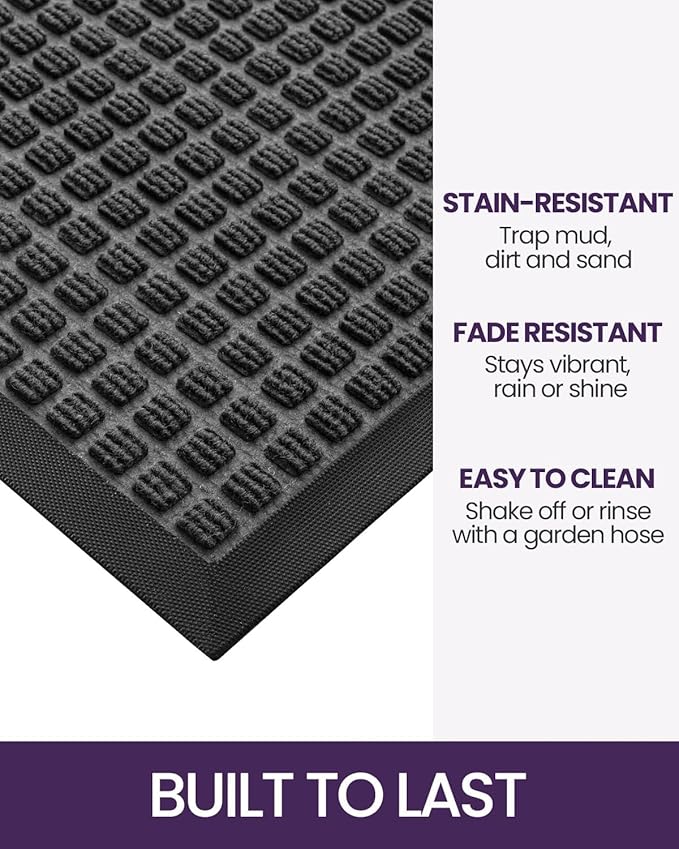 DEXI Front Door Mat Outside Entrance, Rubber Entry Doormat Heavy Duty, Welcome Mats Non Slip for Inside House Floor Entryway Back Doors Exterior Patio, 17x29 Squares Grey