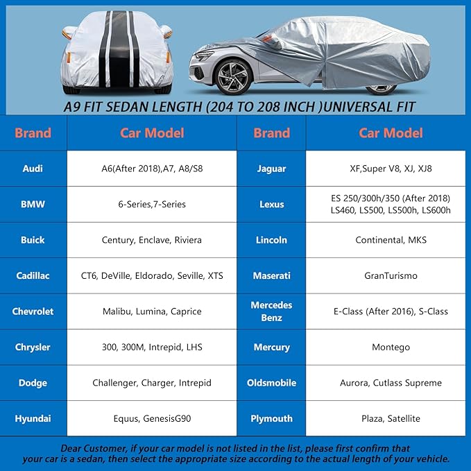 [2025 Upgrade] 10-Layer Car Cover Waterproof All Weather. Outdoor Full Exterior Covers for Automobiles Fit Dodge Charger Challenger,BMW 6 Series, Cadillac CT6. Size A9 (Length 204 to 208 inch)