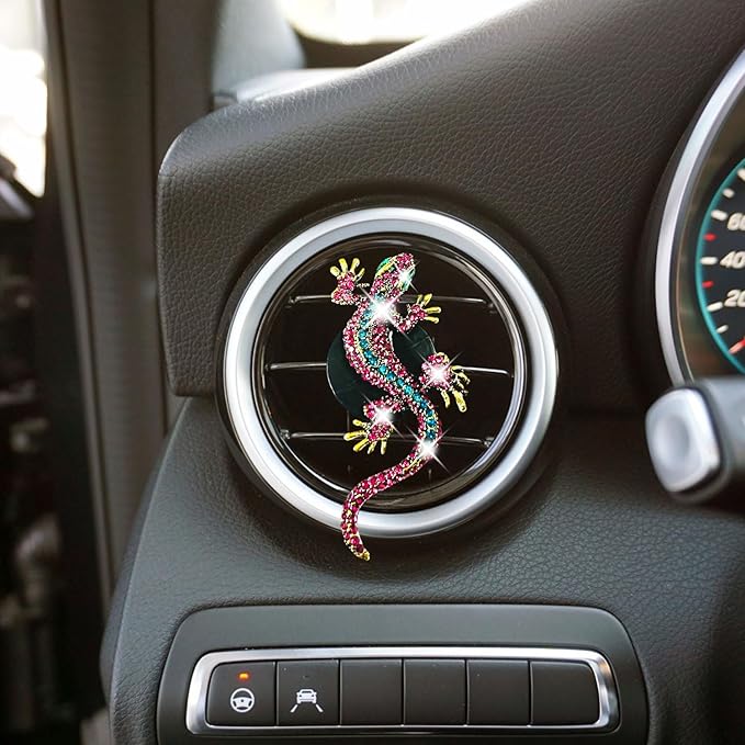 2 Pcs Bling Pink Gecko Car Air Freshener Accessories - Crystal Rhinestone Decor, Cute Car Vent Clip Diffuser