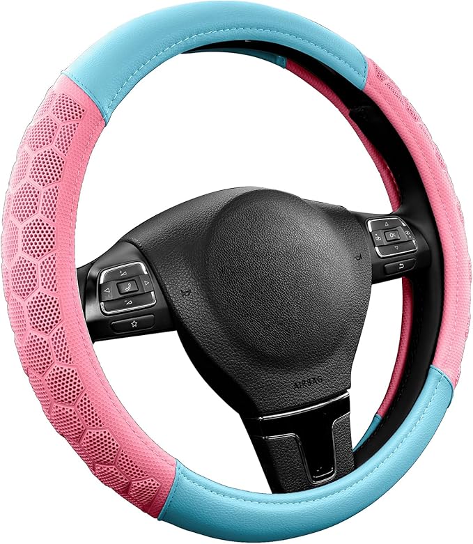PIC AUTO Massage Steering Wheel Cover, Pink Football Pattern Material Spliced & Light Blue Leather Car Steering Wheel Cover, Car Steering Cover, Universal Fit 14.5"-15.5" for Cars, Trucks, Van, SUVs