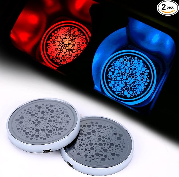 ACODABLEM 2 Pack LED Cup Holder Lights, Car Coaster with 7 Colors Changing USB Charging Mat, Luminescent Cup Pad Interior Atmosphere Lamp Decoration Light (Black)