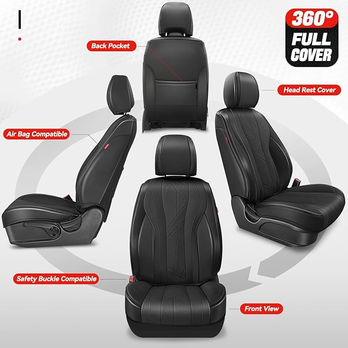 Auto Dynasty Car Seat Covers Front Set, Anti-Slip Automotive Interior Covers with Storage Pocket, Breathable Car Seat Protectors, Airbag Compatible, Universal Fit Most Vehicles, Black (Touring Series)
