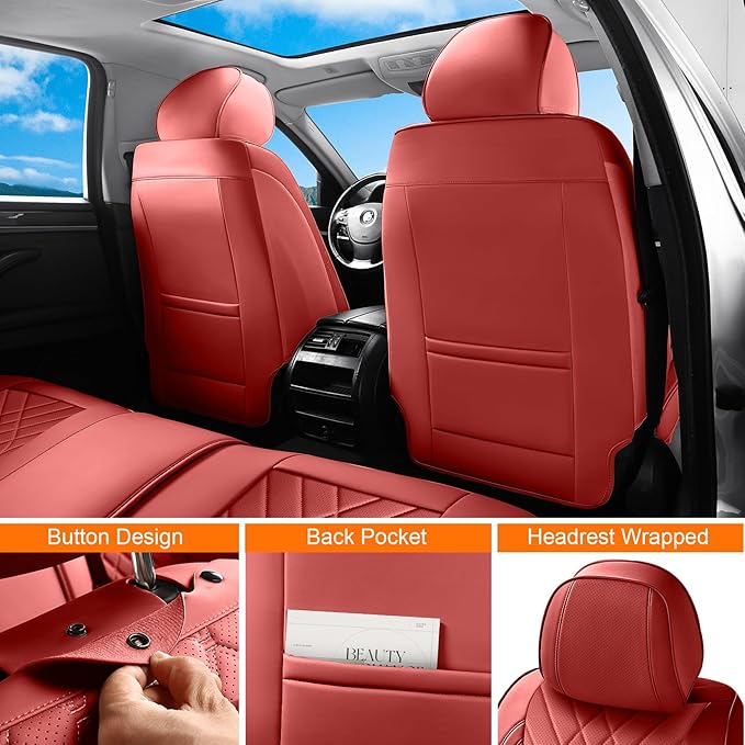 Red Car Seat Covers Front Seats, Luxury Leather Automotive Seat Covers with Lumbar Support, Red Car Inner Accessories Seat Protector Universal Fit for Most Cars Trucks Pick-ups SUV