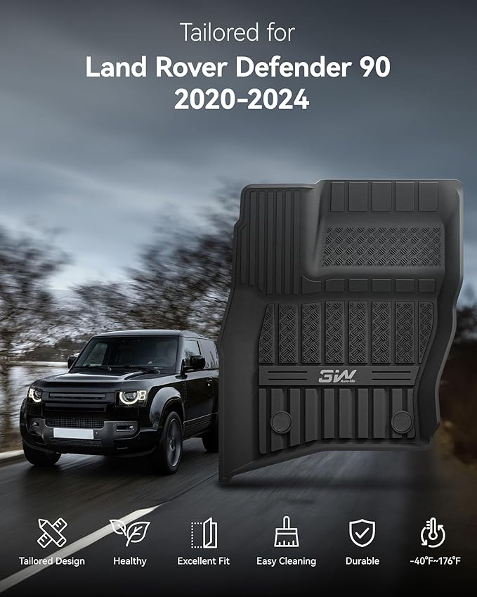 3W Floor mats for Range Rove Defender 90 2020-2024 2025 TPE All Weather Custom Fit Floor Liner for Range Rove Defender 90 1st and 2nd Row Full Set Car Mats, Black