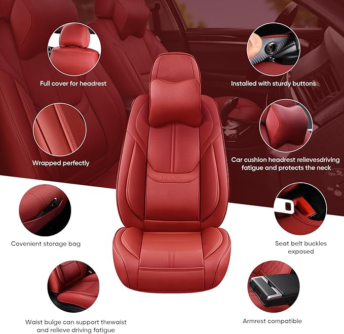Auto Car Seat Covers Accessories Full Set Leather Cushion Protector Breathable Waterproof Seat Cover for Cars Universal Fit (Wine, Front Pair and Rear)