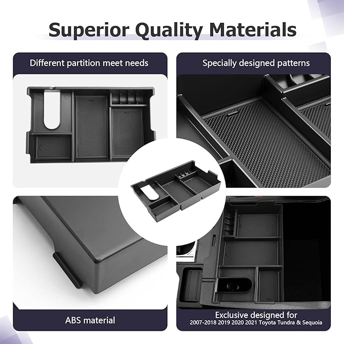 LUWU Tundra & Sequoia Center Console Organizer for 2007-2017 2018 2019 2020 2021 Toyota Tundra & Sequoia Accessories Armrest Console Storage Box Insert Tray ABS Material Black