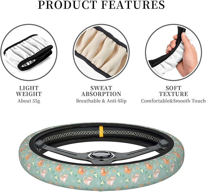 Dujiea Cute Cat Elastic Stretch Steering Wheel Cover, Anti-Slip and Durable Car Steering Wheel Accessories for Women Men, 15 Inch Universal Fit Car, Truck, SUV