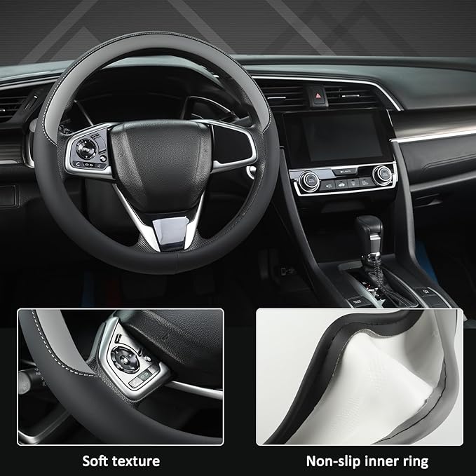 West Llama Thin Car Steering Wheel Cover, Universal 14.5-15 inch Nappa Leather Steering Wheel Cover, Ultra Thin, Anti-Slip, Breathable(Black+Gray-Standard Size)