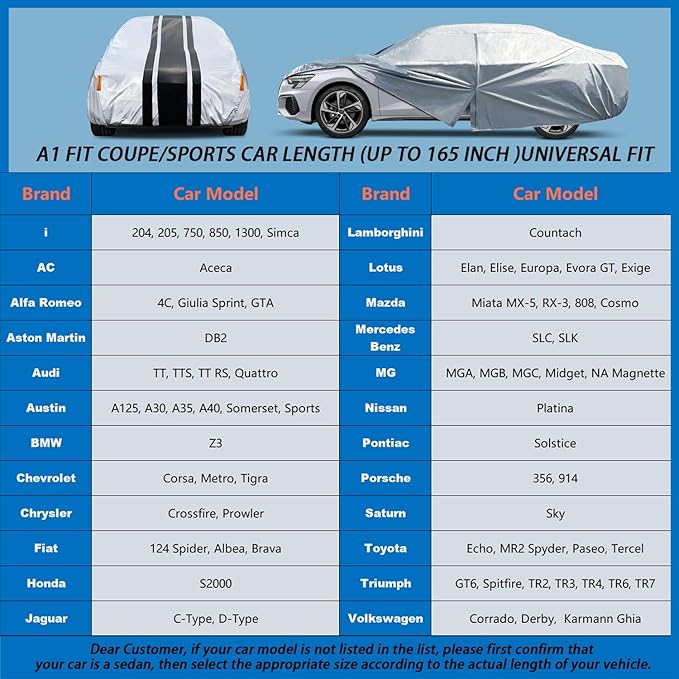 [2025 Upgrade] 10-Layer Waterproof Coupe Sports Car Cover. Full Outdoor Small Car Covers. Universal Fit for Mazda Miata MX5, Honda S2000. Kia Rio, Sun Snow Rain. Size A1 (up to 165 inch)