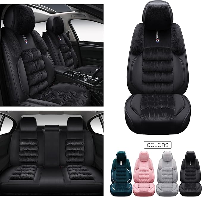 AOOG Fuzzy Leather Car Seat Covers, Heated Front Bench Back Cushion Protector for Cars SUV Trucks (Full Set, Black)