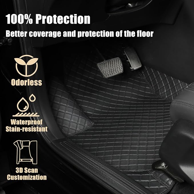 EKR Custom Floor Mats for Tesla Model 3 2024-2025, Front & 2nd Row Luxury Car Floor Mat Fit Model 3 2024 2025 - Leatherette Floor Liners (Black and Black Stitching)