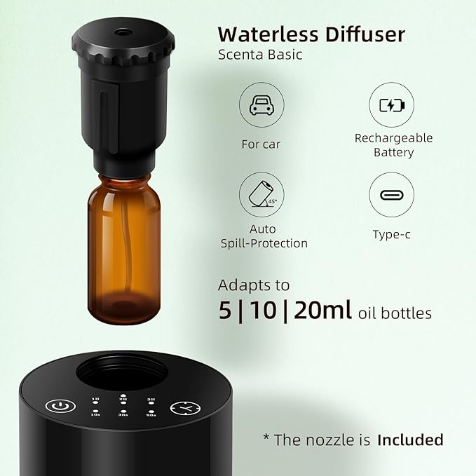 Waterless Essential Oil Diffuser Aromatherapy Scent Diffuser for Home Large Room, Bedroom, Car, Office, Desk, Battery Operated Mini Portable Air Freshener,4 Timers & 3 Mist Levels (Black)