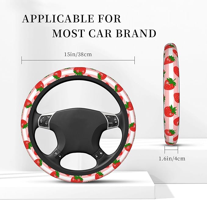 Strawberry Car Steering Wheel Cover, Pink Striped Non-Slip Absorbing Sweat Car Wheel Cover Accessories for Men Women,Universal 15" Fit Auto SUV Vans Trucks