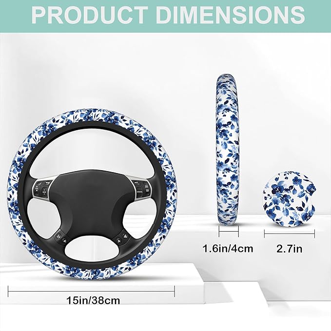 Watercolor Blue Flowers Steering Wheel Cover for Women Men,Anti-Slip Breathable Car Steering Wheel Cover Elastic Protection with 2 Pieces Car Coasters,Universal 15" Fit Auto,Suvs,Truck