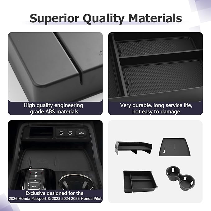 LUWU 2026 Honda Passport Accessories Compatible with 2023 2024 2025 Pilot & 2026 Passport Center Console Organizer,Center Console Cup Holder, Wireless Charging Protective Mat, Armrest Organizer 4PCS