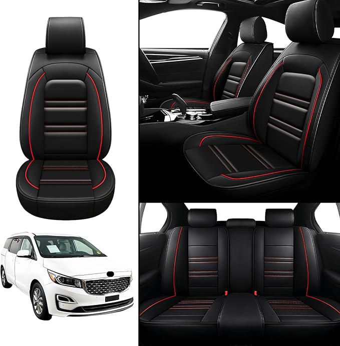Seat Covers for kia Sedona 2003-2021 | 5-Seats Leather Seat Covers, Easy to Install Automotive Seat Covers Full Set (Full Set, Black&Red Line)
