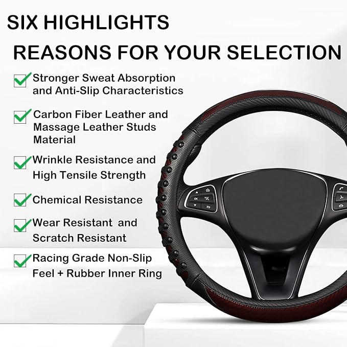 3D Massage Car Steering Wheel Cover,14.5-15 Inch Universal Brown Carbon Fibre Leather Covers Breathable Anti-Slip Odorless Steering Wheels Accessories for Men Women