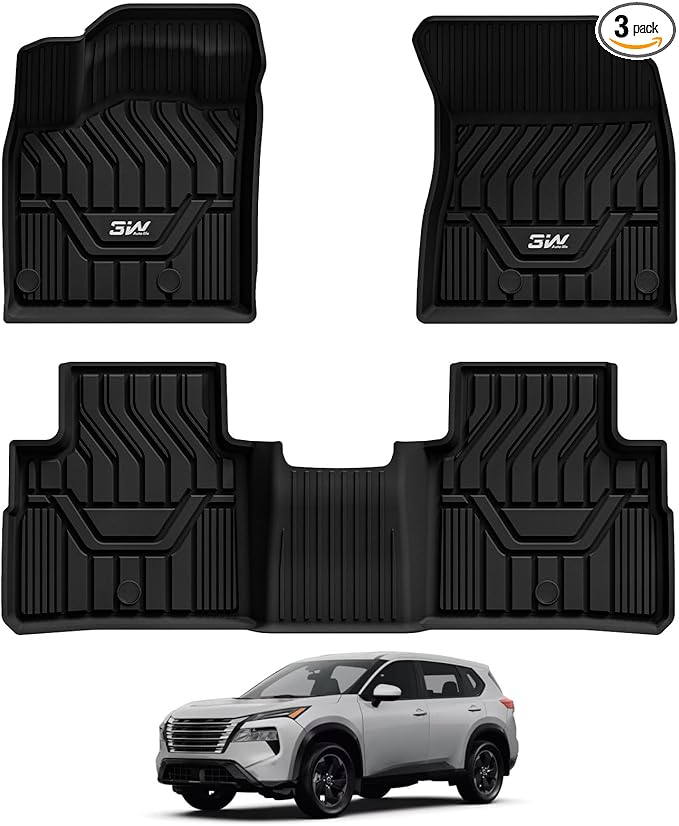 3W Floor Mats for 2021-2025 2026 Nissan Rogue Custom Fit TPE All Weather Rogue Floor Liner Full Set 1st & 2nd Row Car Mats - Black (NOT for Sport)