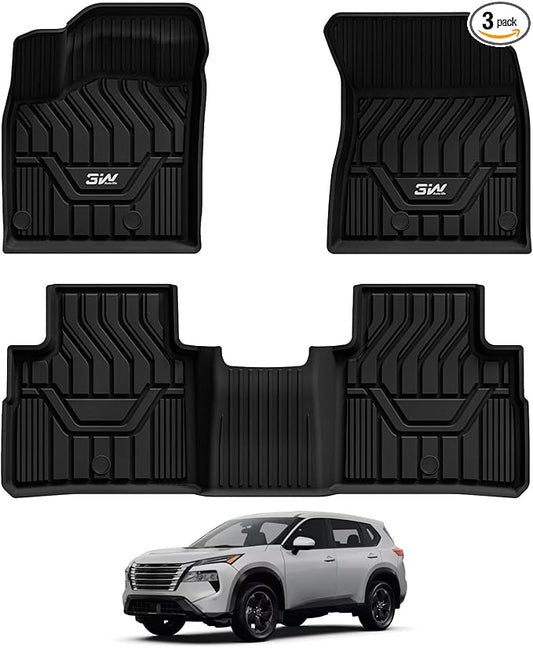 3W Floor Mats for 2021-2025 2026 Nissan Rogue Custom Fit TPE All Weather Rogue Floor Liner Full Set 1st & 2nd Row Car Mats - Black (NOT for Sport)
