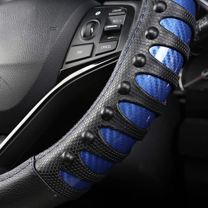West Llama Microfiber Leather Car Steering Wheel Cover for Men Women,Universal Fit 14.5-15 inch(Leather Nails-Blue+Black-Standard Size)