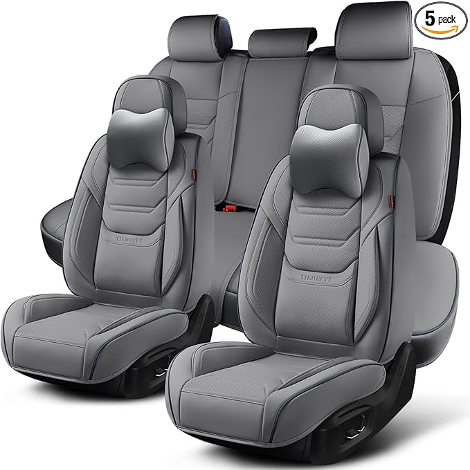 Gray Car Seat Covers Full Set, Breathable Leather Automotive Front and Rear Seat Covers & Headrest for Reduce The Driving Fatigue, Compatible with Most Vehicles, Cars