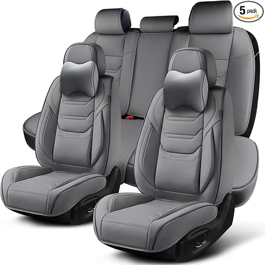 Gray Car Seat Covers Full Set, Breathable Leather Automotive Front and Rear Seat Covers & Headrest for Reduce The Driving Fatigue, Compatible with Most Vehicles, Cars