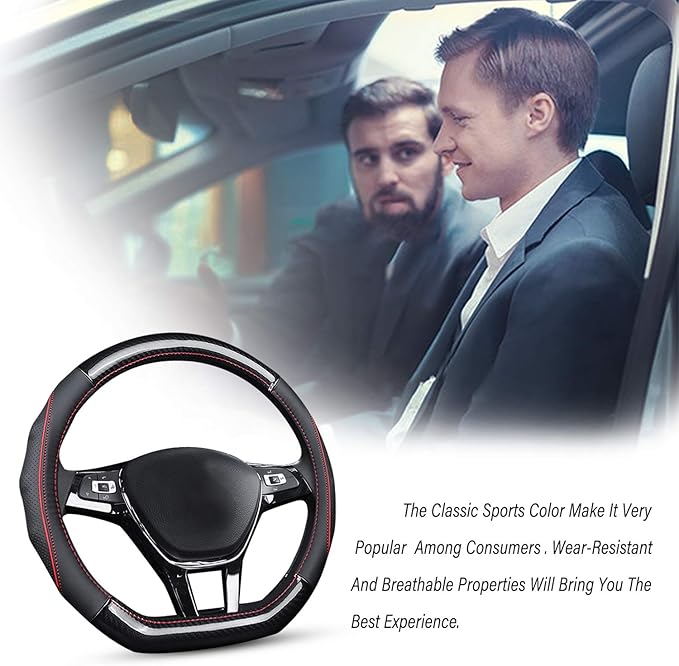 Ergocar Car Steering Wheel Cover Non-Slip Car Steering Wheel Protector Sport D-Shape Carbon Fiber & First Layer Cowhide Universal for Diameter 38cm(15") (D-Black)