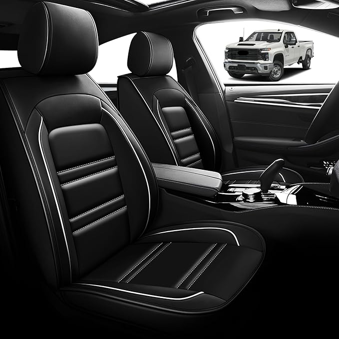 Seat Cover for Chevy Silverado 2500 2007-2025 | Car Seat Covers Front Seats, Waterproof Seat Protectors, Automotive Front Seat Covers (Front Seat, Black&White Line)