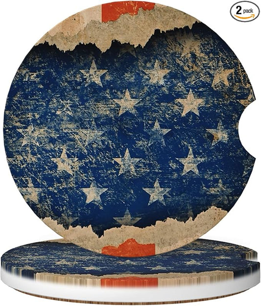 Absorbent Car Coasters for Cup Holders, 2 Pack Universal Anti Slip Ceramic Cup Coaster for Women Men 2.56 Inch Car Interior Accessories - Vintage Stars and Stripes 010