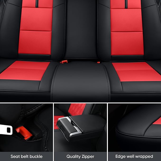 Auto Car Seat Covers Accessories Full Set Leather Cushion Protector Breathable Waterproof Seat Cover for Cars Universal Fit (Black&Red, Full Set Without Headrest)